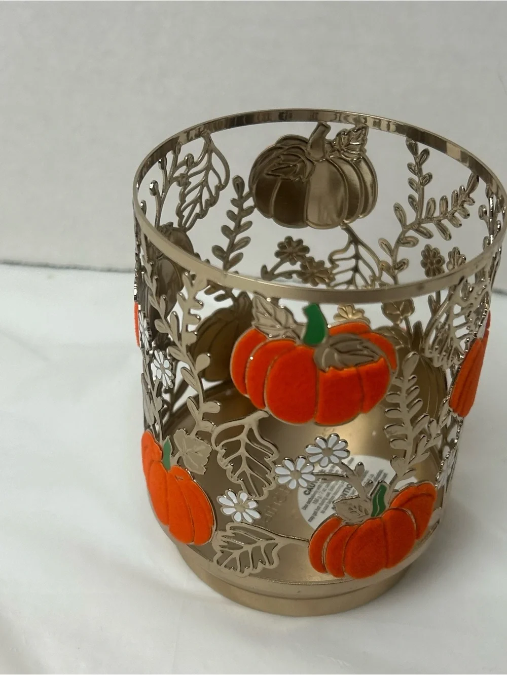 Bath & Body Works Candle Holder Gold Tone Flocked Pumpkins Halloween